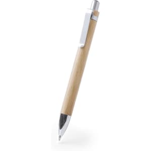 A wooden pen with a light tan finish and chrome accents, featuring a sleek design and a clip.