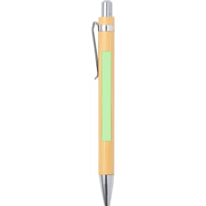 A wooden pen in a natural finish with a mint green accent and silver detailing. It features a clip for easy attachment.