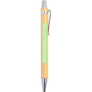 A wooden pen in a light bamboo colour with a silver clip and a green accent area for branding.