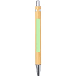 A wooden pen in natural bamboo with a silver clip and tip, featuring a green panel area.