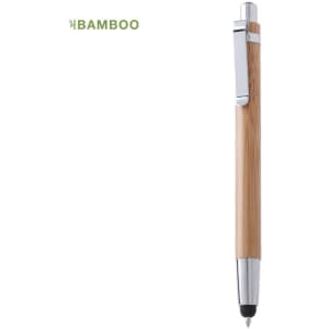 A bamboo stylus touch ball pen with a silver clip and tip, featuring a natural wooden finish.
