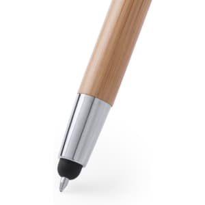 A stylus touch ball pen with a bamboo barrel and a silver tip, featuring a black stylus end.