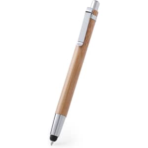 A bamboo and silver stylus touch ball pen with a sleek design and a clip. It features a logo on the body.