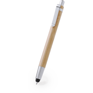 A bamboo stylus touch ball pen with a metallic clip and tip, featuring a sleek design and a branding logo.
