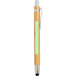 A bamboo stylus touch ball pen with a silver clip and a green accent. It features a logo on the side.