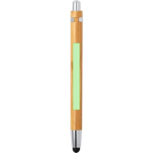 A bamboo stylus touch ball pen with a green accent and chrome detailing, featuring a branding logo.