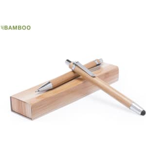 A bamboo pen set displayed on a wooden case, featuring two pens with silver accents. The product has a branding logo.