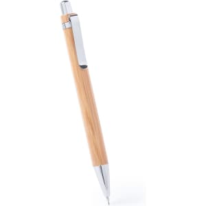 A bamboo pen with a silver clip and tip, featuring a sleek, modern design. It has a logo on the barrel.