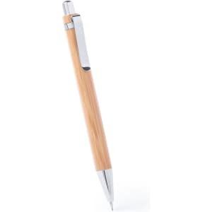 A bamboo pen with chrome accents, featuring a clip for easy attachment. The pen is placed against a white background.