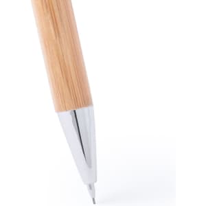 A pen with a bamboo barrel and chrome tip, presented in a minimalist style.