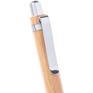 A wooden pen with a chrome clip, showcasing a natural finish and sleek design.