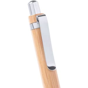 A wooden pen with a shiny silver clip, featuring a smooth finish and sleek design.