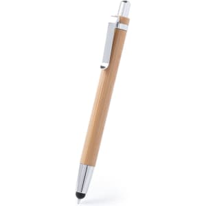 A wooden pen with a silver clip and accents, featuring a smooth finish and a stylus tip.
