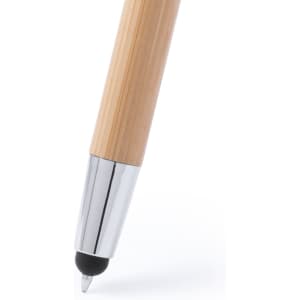 A wooden pen with a chrome tip and stylus end, featuring a smooth, natural finish.