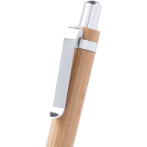 A bamboo pen featuring a silver clip and metallic accents, with a sleek and natural design.