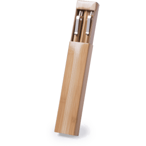 A bamboo pen case containing two pens with metallic accents, featuring a natural wood finish and a logo.