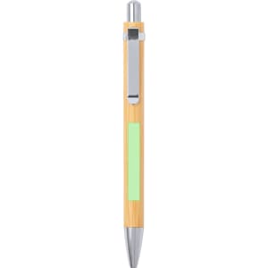 A bamboo pen featuring a silver clip and a green accent strip, with a shiny silver tip.