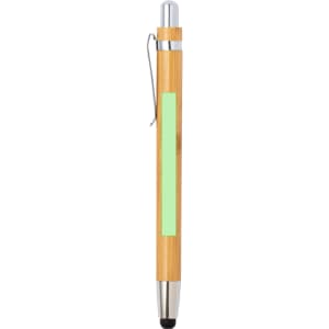 A bamboo pen featuring a green accent and a silver clip, designed for writing.