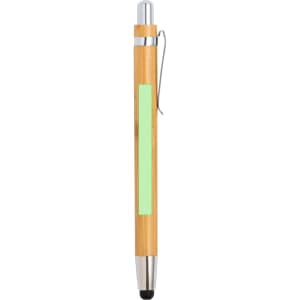 A bamboo pen featuring a silver clip and tip, with a green accent area for customization.