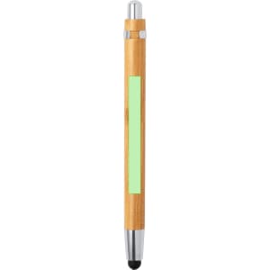 A bamboo pen with a silver clip and a green accent on the barrel, featuring a logo.