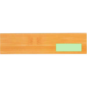 A wooden writing board in a light brown finish with a green label area. It features a branding logo.