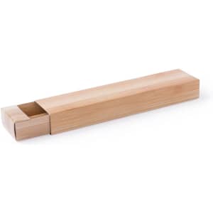 A wooden packaging box in a light natural finish, designed for holding pens or writing instruments.