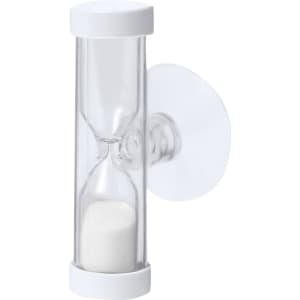 A clear sand timer with white end caps, designed for novelty use. It features a suction cup for mounting.