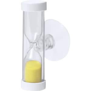 A clear sand timer with white ends and a yellow sand core, designed for novelty use.