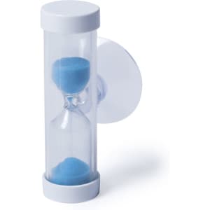 A clear sand timer with blue sand, featuring a white cap and a suction cup for attachment.