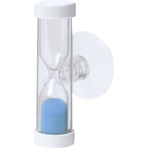 A clear sand timer with blue sand and white ends, designed for decorative or novelty use.