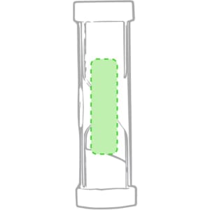 A sand timer in a transparent casing with a green centre section, featuring a minimalist design and a logo.