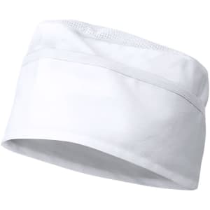 A white chef's hat with a mesh panel, featuring a plain design and a logo on it.