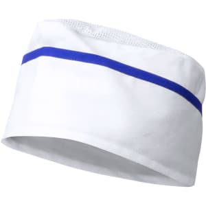 A white chef hat featuring a blue stripe and a mesh panel for breathability. It has a brand logo on it.
