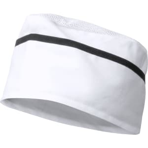 A white chef hat with a black stripe, featuring a breathable mesh design.