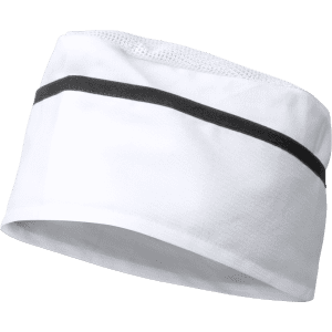 A white chef's hat with a black stripe and mesh detailing, featuring a logo.