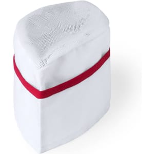 A chef's hat in white with a red band, featuring a mesh top for ventilation and a structured design.