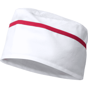 A white chef hat with a red stripe, featuring a breathable mesh section. It has a logo on the side.