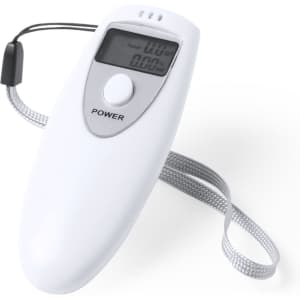 A white alcohol tester with a digital display and a wrist strap for easy carrying.