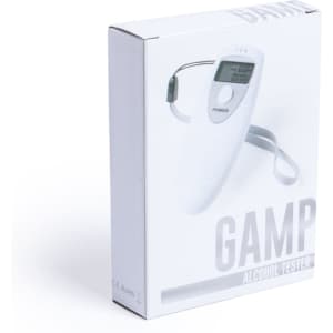 A white alcohol tester in a box, featuring a digital display and a logo. The packaging is simple and sleek.