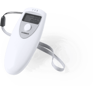 A white alcohol tester with a digital display and a wrist strap, designed for measuring alcohol levels.