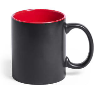 A coffee mug featuring a matte black exterior and a glossy red interior, with a handle and a logo.