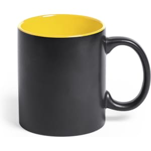 A coffee mug with a black exterior and a bright yellow interior, featuring a handle and a logo.