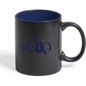 A black coffee mug with a blue interior and a logo on the side.