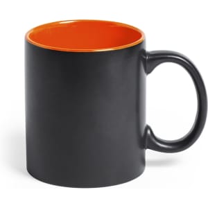 A black coffee mug with an orange interior and a side handle. It features a logo.