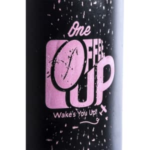 A black coffee mug featuring a pink design and a logo. The mug has a sleek, modern appearance.