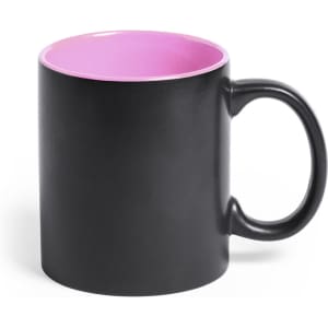 A black coffee mug with a pink interior and a handle, featuring a logo on the side.