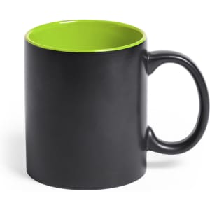 A coffee mug with a black exterior and a bright green interior, featuring a handle and a simple design.