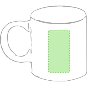 A white coffee mug featuring a green rectangular space for customisation. The mug has a handle and a logo.