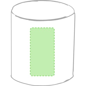 A white coffee mug with a green rectangular area for customisation and a simple design.
