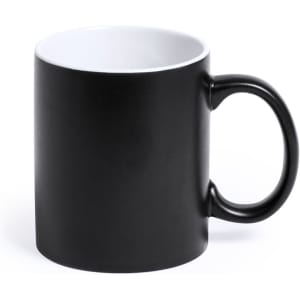 A coffee mug featuring a black matte exterior and a white interior, with a simple handle and sleek design.